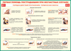 Таблица "Порядок действий при ранениях и термических ожогах" (100х140 сантиметров, винил) - fgospostavki.ru - Яблоновский